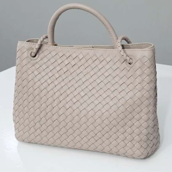 NWT QUINCE LARGE ITALIAN LEATHER HANDWOVEN SATCHEL TOTE BAG IN TAUPE - Picture 12 of 15